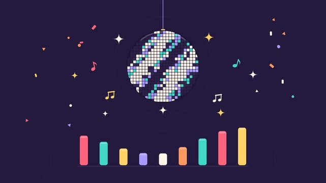 Colorful 2D flat vector animation of a disco ball, dancing music notes, rhythmic equalizer bars, stars, and confetti in a seamless celebration loop. Suitable for party invitations, music events, night