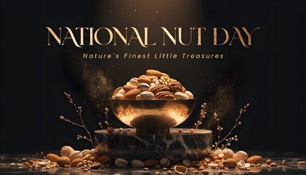 Assorted nuts in a golden bowl on a marble pedestal