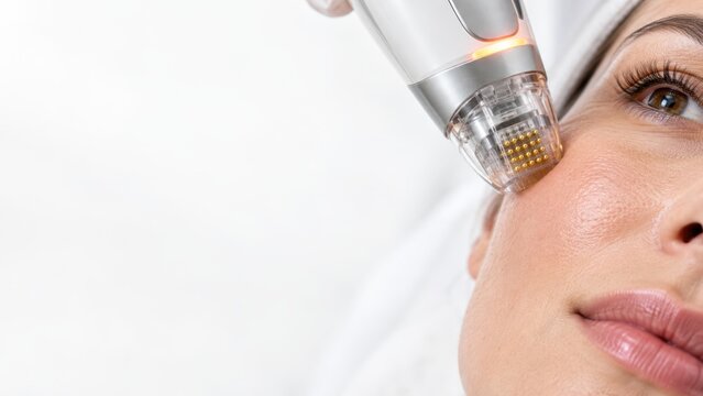 Close up of woman receiving facial skin treatment with modern handheld device on cheek