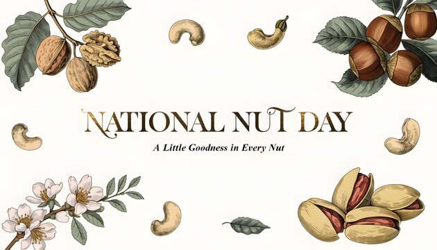 National nut day banner with vintage botanical illustrations of nuts