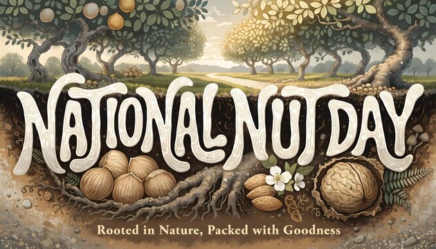 National nut day banner with nuts growing underground in an orchard