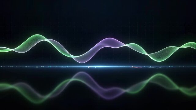 Futuristic audio waveform visualization with glowing lines and vertical bars on dark background 4k video