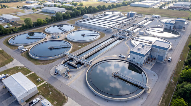 Aerial view of a large municipal wastewater treatment plant with circular clarifier tanks