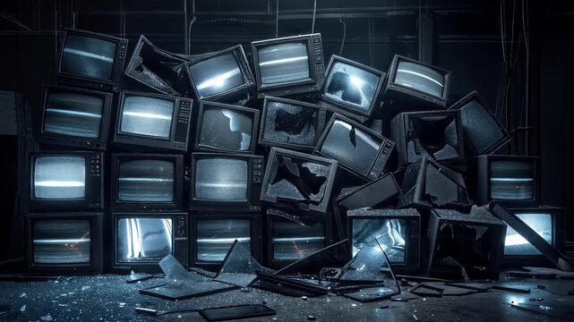Stack of vintage television sets with flickering static and broken screens. Concept of media overload and obsolete technology. Panning camera movement.
