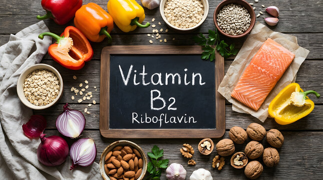Healthy Food Sources of Vitamin B2 Riboflavin Arrangement with Chalkboard Sign | Vitamin B2 Rich Foods Display with Salmon, Nuts, Bell Peppers, and Oatmeal | Top Natural Food Sources of Riboflavin
