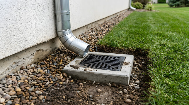 Galvanized Metal Downspout Directing Rainwater into Concrete Catch Basin Drain | Residential Rainwater Drainage System with Downspout and Catch Basin | Metal Gutter Downspout Elbow Above Concrete Lawn
