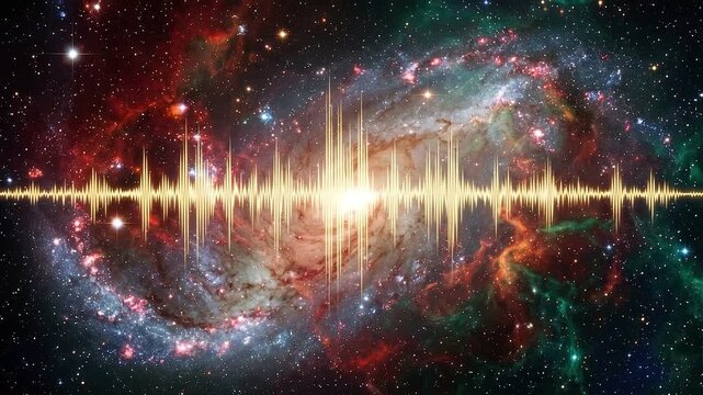 Abstract sound wave visualization over a vibrant spiral galaxy in deep space 4k video