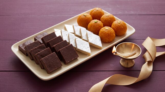 Traditional diwali sweets platter with kaju katli and laddu served