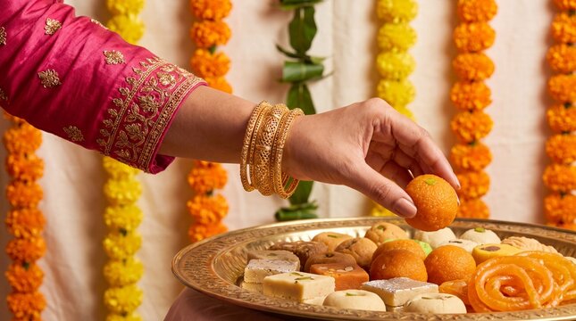 Woman hand picking traditional indian sweet laddu from golden plate