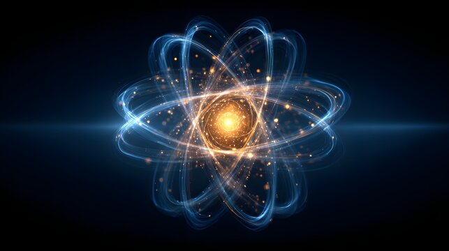 Luminous glowing blue and orange atomic structure model with spinning electron orbital rings and glittering energy particle background.
