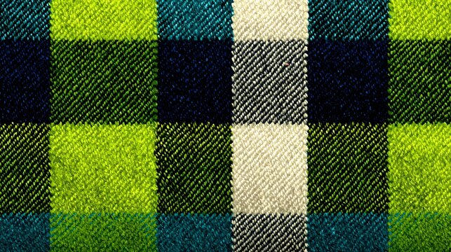 Macro texture of woven tartan plaid fabric with vibrant green, navy blue, cyan, and off-white checkered pattern for textile design.