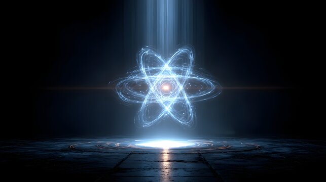 Holographic glowing blue atomic structure floating on futuristic platform with light beam in high tech dark science laboratory room.