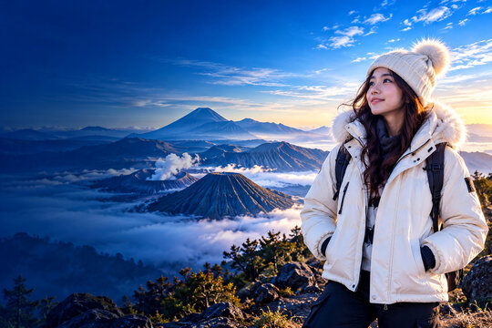 Young Female Traveler Enjoying Sunrise Over Mount Bromo Volcanic Landscape in Indonesia