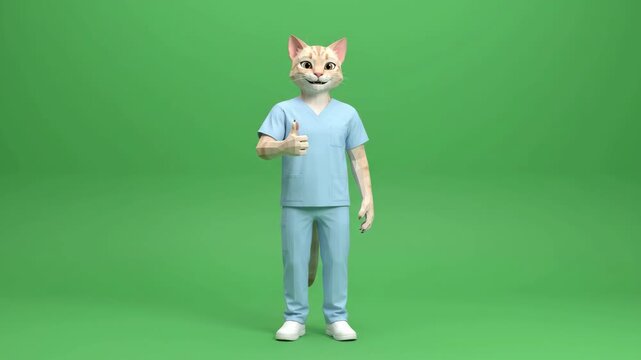 3D Illustrated Character with Cat Head Wearing Light Blue Casual Outfit on Green Screen