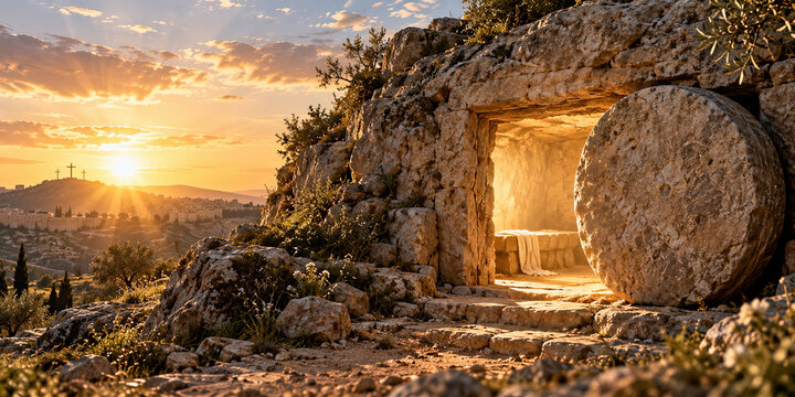 Empty tomb with stone rolled away at sunrise, symbolizing resurrection