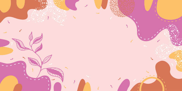 Abstract vector background with colorful organic liquid shapes, dots and hand-drawn plant branch elements. Bright modern frame template with blank space for text.