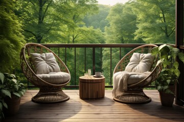 Naklejka premium Balcony featuring two wicker chairs and a table against a lush green forest background