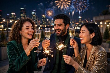 Fototapeta premium Friends toasting with champagne flutes and lit sparklers on a rooftop terrace under New Year fireworks