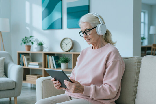 Senior Caucasian woman wearing headphones and using digital tablet at home. Useful for online learning, audiobook streaming, and senior digital literacy advertising