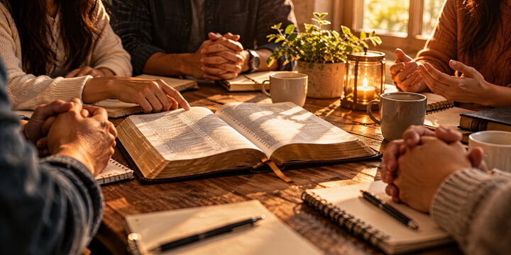 Group studying around open book with notebooks and coffee on wooden table