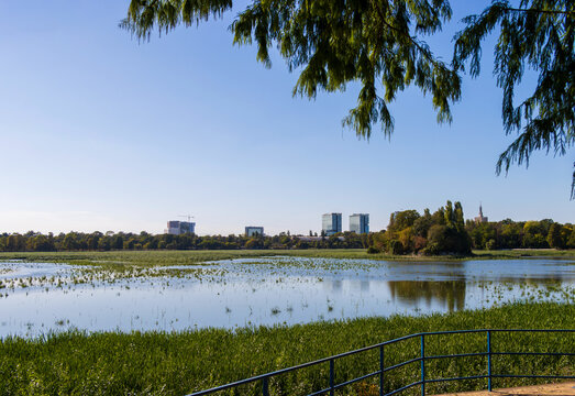 Panoramic view of lake and green parkland under blue sky