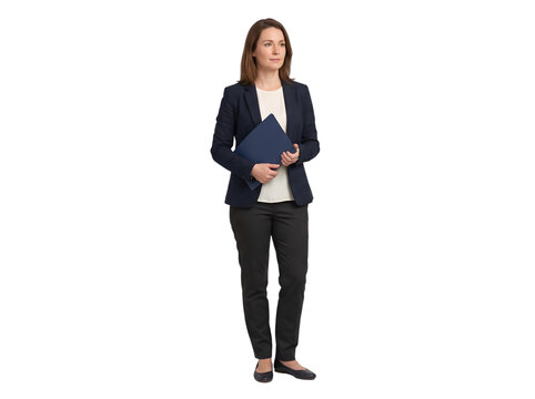 Professional businesswoman holding a folder looking forward full body shot isolated on transparent background