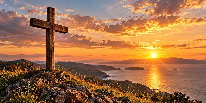 Sunset over serene landscape with wooden cross on hill