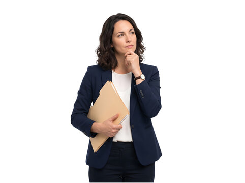 Thoughtful businesswoman in a navy suit holding a folder looking upwards isolated on transparent background
