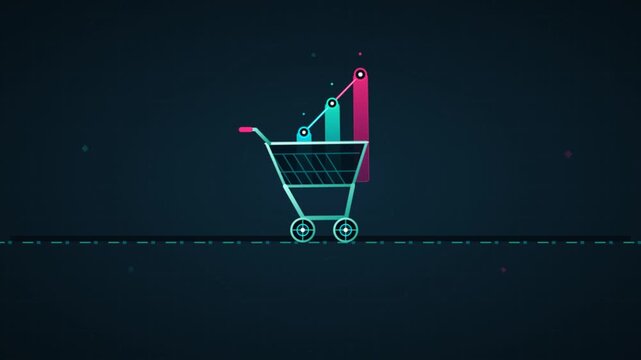 Minimalist digital shopping cart icon with rising bar chart representing e-commerce business growth.