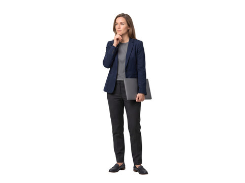 Thoughtful businesswoman in navy blazer holding a laptop pondering a decision isolated on transparent background