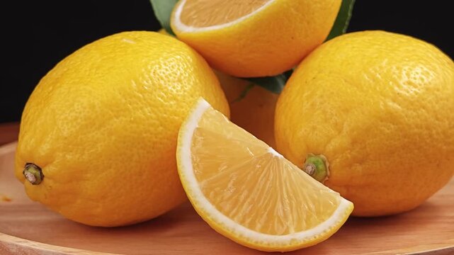 Fresh lemon on wooden board. Rotation.