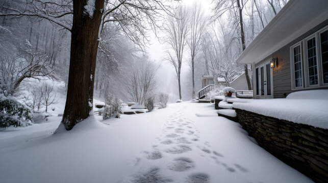 Beautiful view of winter landscape cold frosty day among mountains and warm cozy house in modern style. Rest, vacation, winter holidays away from city bustle. Relaxation and peace, winter background