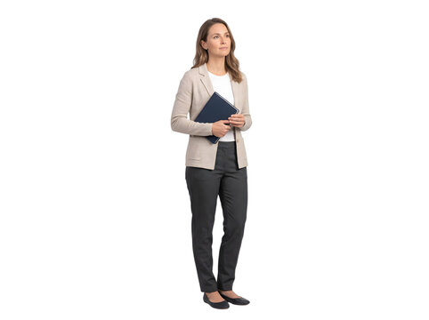 Professional businesswoman standing and holding a folder looking thoughtfully ahead isolated on transparent background