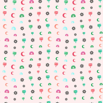 Seamless pattern of moons, rainbows, and stars