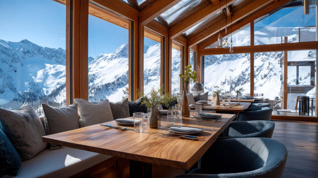 Beautiful view of winter landscape cold frosty day among mountains and warm cozy house in modern style. Rest, vacation, winter holidays away from city bustle. Relaxation and peace, winter background