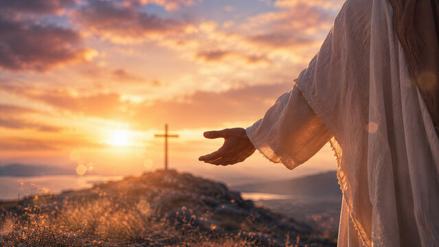 Person in robe reaching towards cross at sunrise, symbolizing hope