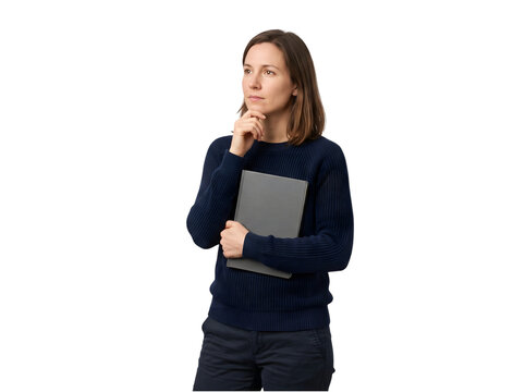 Thoughtful woman holding a tablet looking upwards deep in contemplation isolated on transparent background