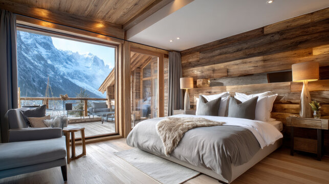 Beautiful view of winter landscape cold frosty day among mountains and warm cozy house in modern style. Rest, vacation, winter holidays away from city bustle. Relaxation and peace, winter background