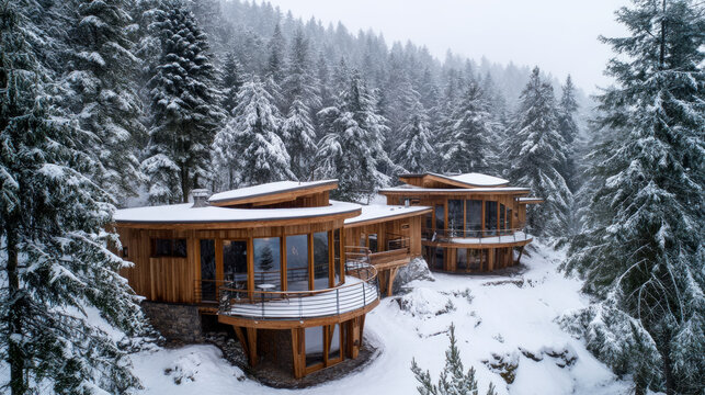 Beautiful view of winter landscape cold frosty day among mountains and warm cozy house in modern style. Rest, vacation, winter holidays away from city bustle. Relaxation and peace, winter background