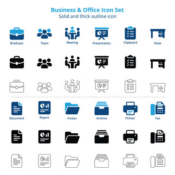 Business and Office Icon Set, Briefcase, Team, Meeting, Presentation, Clipboard, Desk, Document, Report, Folder, Printer, Solid and Outline Vector Icons