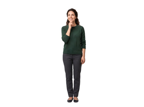 Thoughtful businesswoman in dark green sweater pondering with hand on chin isolated on transparent background