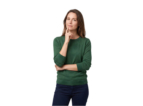 Pensive young woman in green sweater considering a thought with hand to chin isolated on transparent background