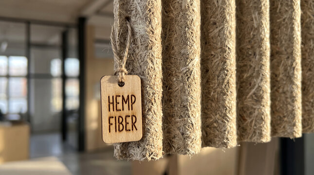A close-up shows a fluted hanging acoustic baffle made of compressed hemp fibers with a small wooden tag reading HEMP FIBER attached.
