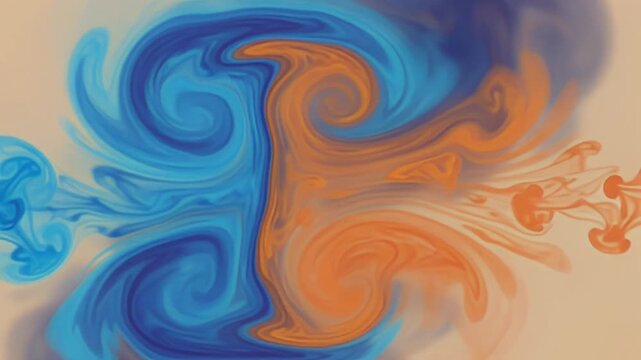 Abstract blue and orange ink swirls mixing in water. Fluid art background with liquid vortex patterns. Dynamic colorful splash for modern graphic design applications.