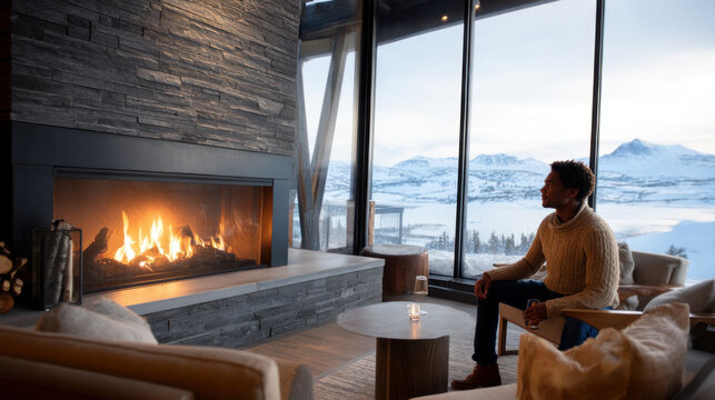 Beautiful view of winter landscape cold frosty day among mountains and warm cozy house in modern style. Rest, vacation, winter holidays away from city bustle. Relaxation and peace, winter background