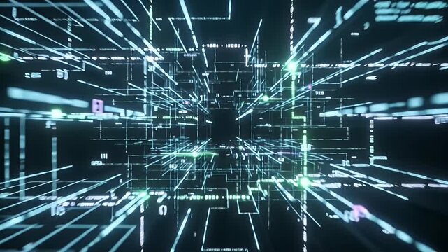 Futuristic digital technology abstract data background. Glowing blue neon grid lines and network nodes. Cinematic tech tunnel with circuit board and cyber information flow.