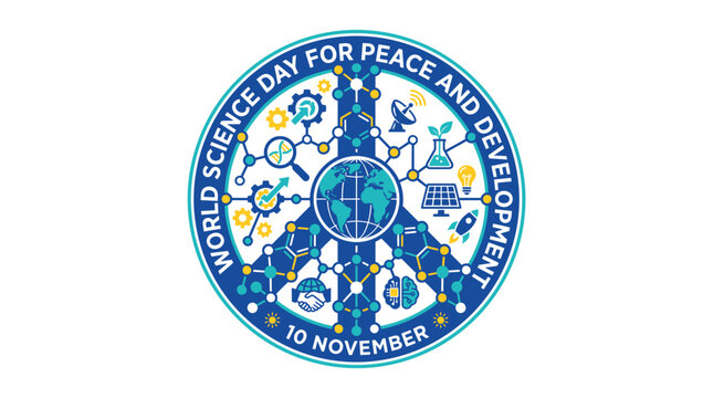World Science Day for Peace and Development vector logo design with peace symbol and scientific icons on November 10.   