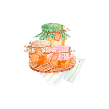 Hand drawn watercolor illustration of three honey jars with fabric covers, twine and tags on a wooden board and striped kitchen towel. Isolated pastel food art for packaging, labels and branding.