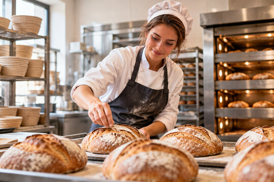 Woman preparing artisanal sourdough bread in a traditional bakery