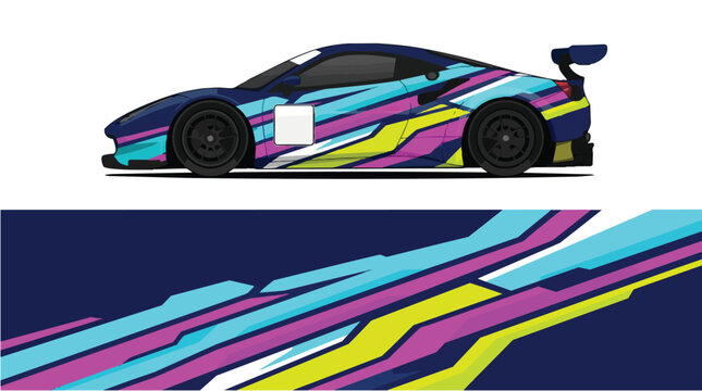 Car Wrap Design with Dynamic Racing Livery in Blue Pink Yellow